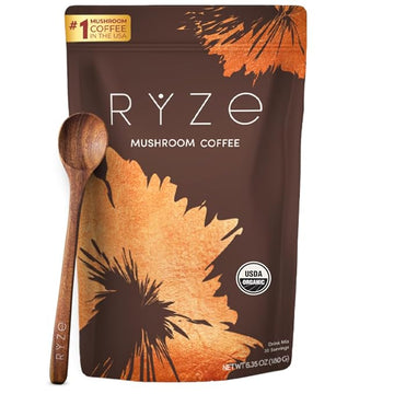 RYZE SUPERFOODS USDA Organic Mushroom Coffee with 6 Adaptogenic Mushrooms & MCT Oil, USA Grown Instant Coffee for Better Energy, Focus, Digestion, Immunity with Mane of Mushrooms